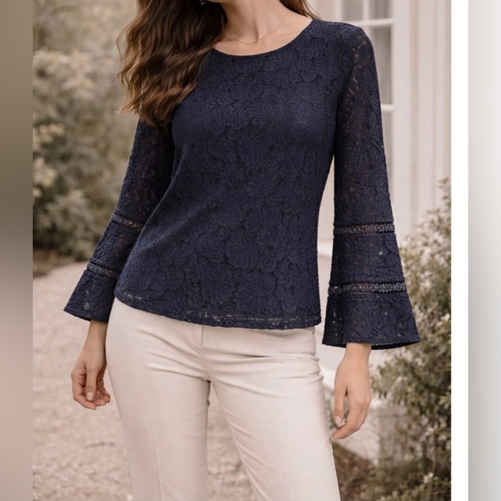 LOFT Navy Lace Bell Sleeve Blouse Small